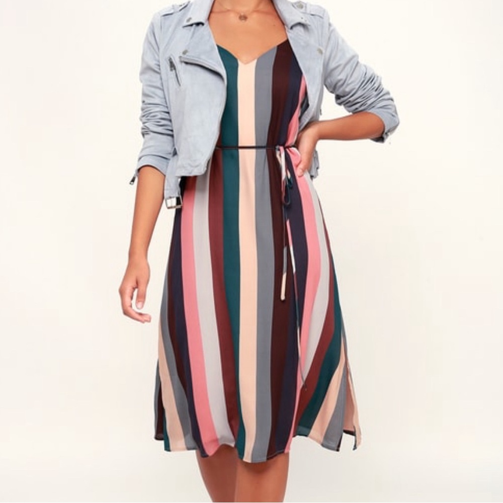 Lulu’s Erina Mauve Multi Stripe Belted Midi Slip Dress